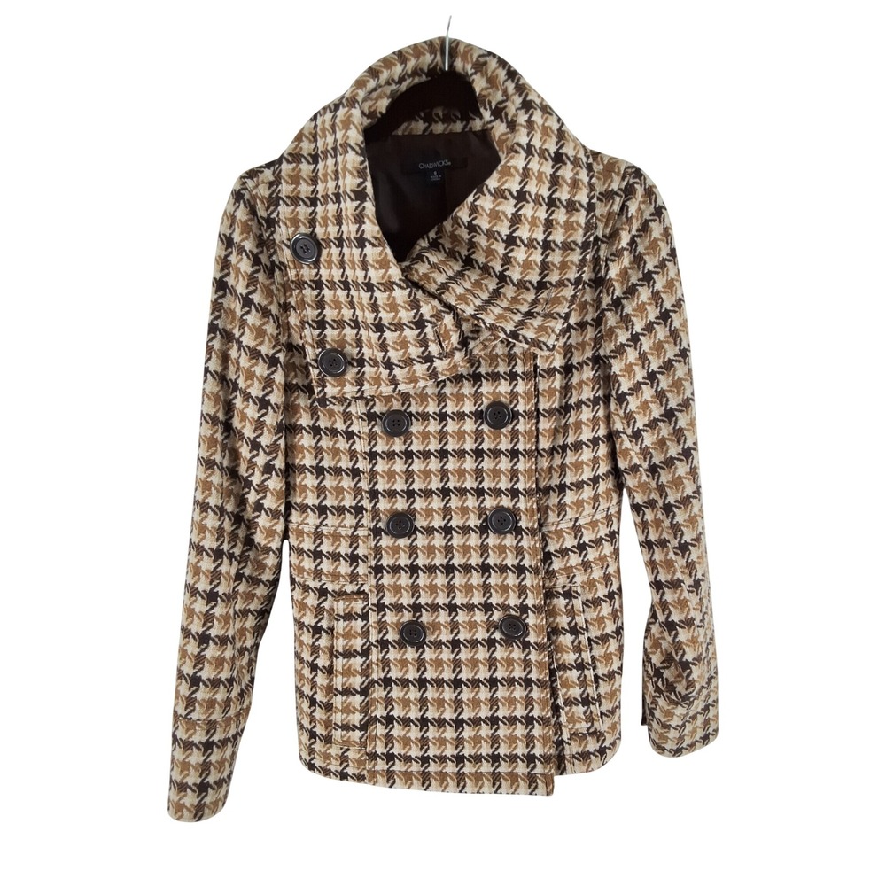 Chadwicks Brown Houndstooth Double Breasted Pea Coat Funnel Neck Jacket Sz 6